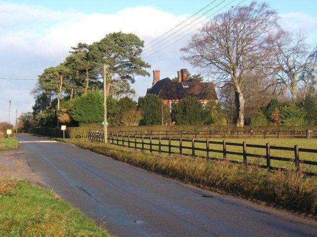 Towards the Old Vicarage, Great Bricett On The Street, which heads for one of the gates of Wattisham Air Base. The vicarage itself is just over the gridline to the north.