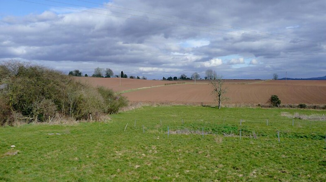 Farmland at Blakeshall, Worcestershire The reddish colour of the soil is due to the Bunter sandstone rock and pebble beds of the area.