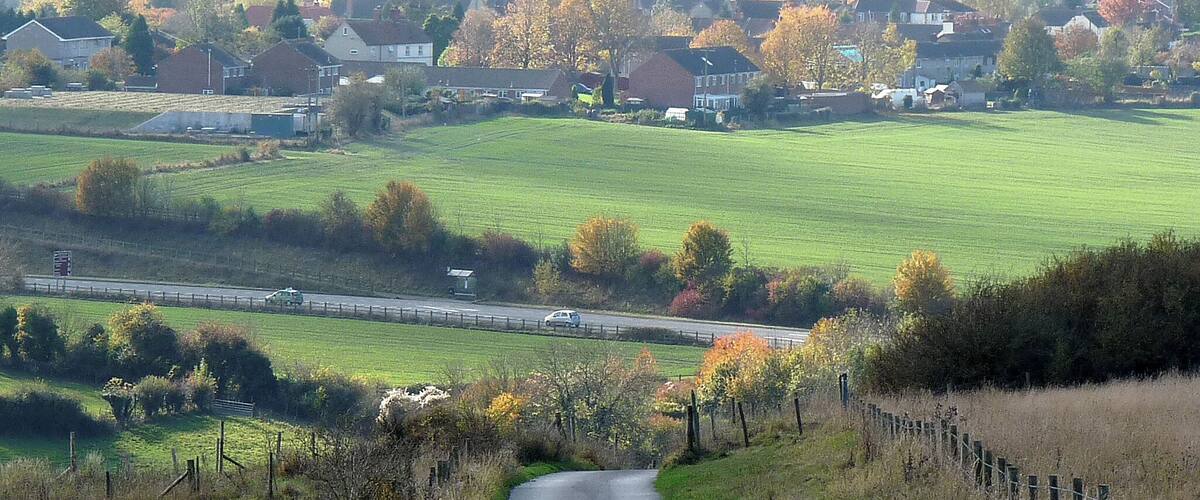 A rural landscape with a winding road, houses, and fields.
