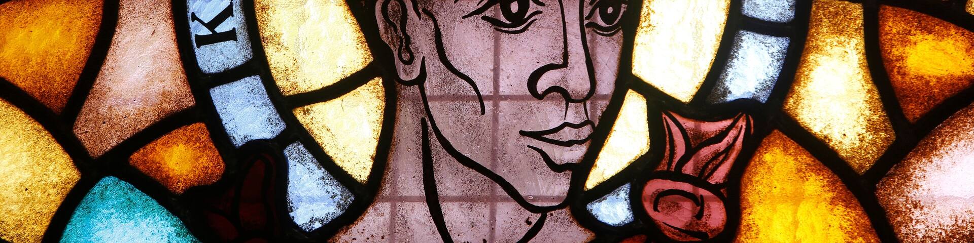 Namugongo catholic martyrs' shrine, Kampala. Stained glass in the church. Martyr. Uganda.