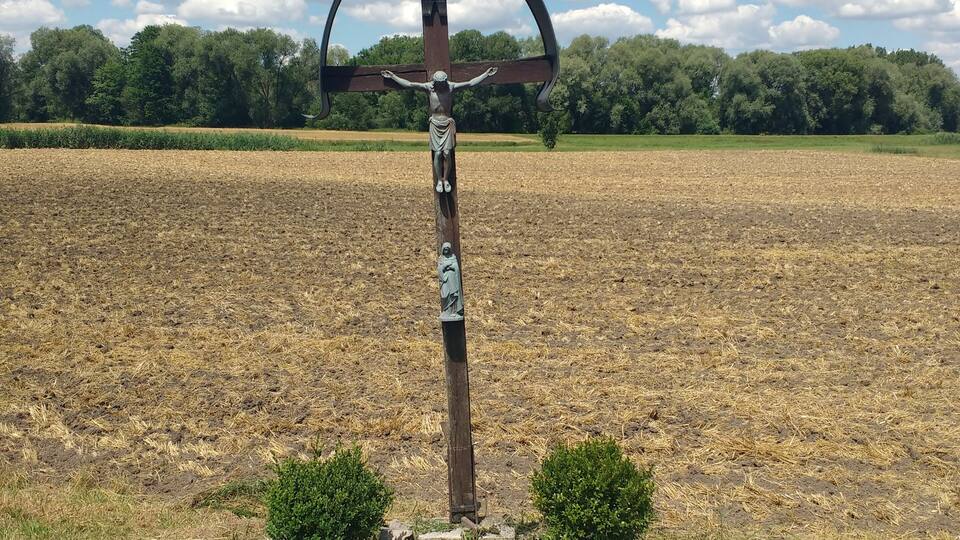 A wooden cross with inscriptions in a field with a backdrop of trees and a clear sky.