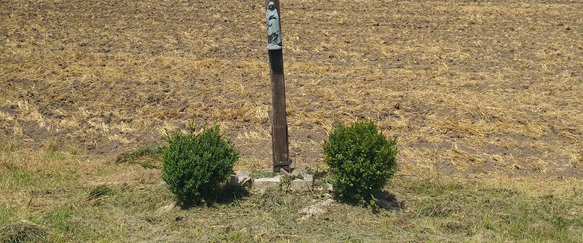 A wooden cross with inscriptions in a field with a backdrop of trees and a clear sky.