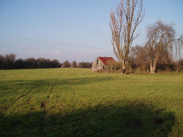 Riding school in Radwell. A field and derelict shed used by the riding school.