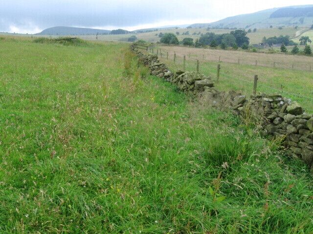 A stone wall in a grassy field with rolling hills in the background.