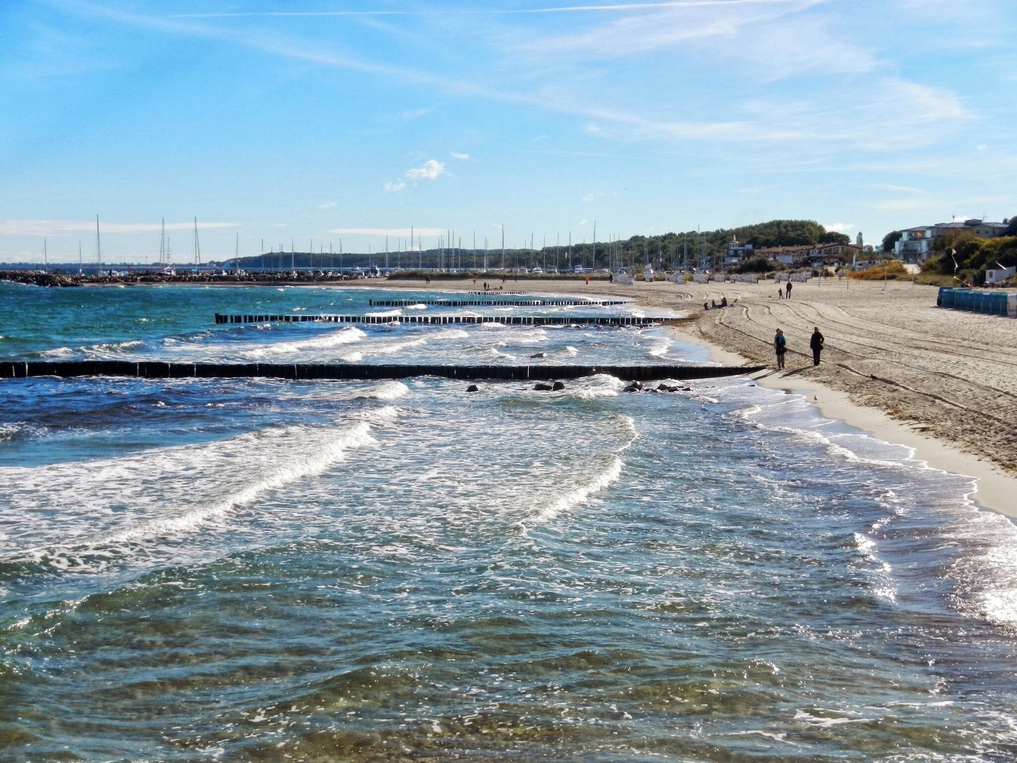 A beach with waves crashing onto the shore, a pier extending into the water, and a distant shoreline with buildings and trees.