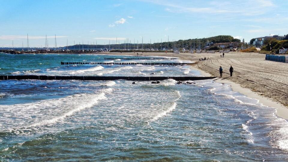 A beach with waves crashing onto the shore, a pier extending into the water, and a distant shoreline with buildings and trees.
