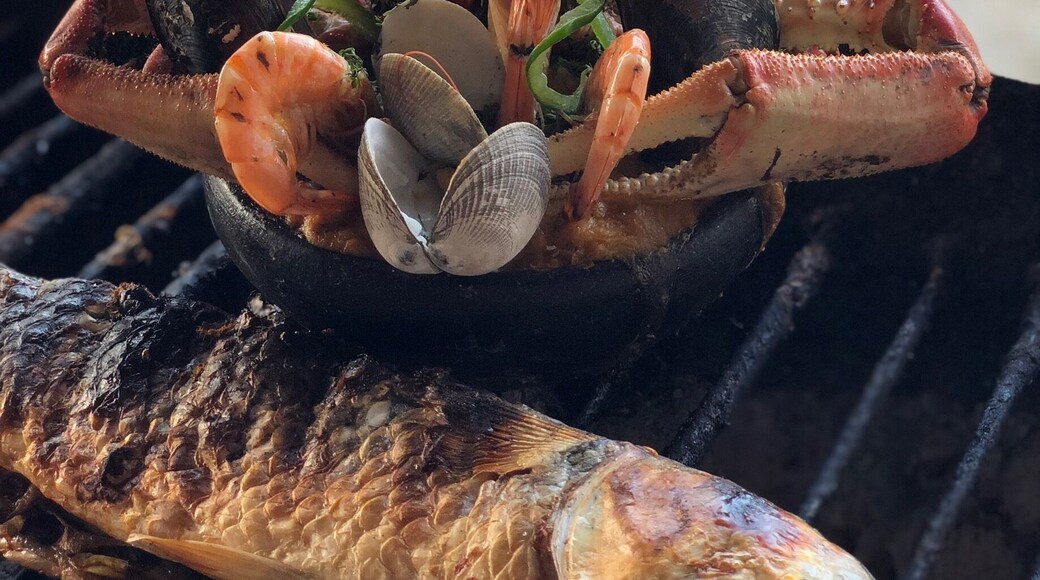 #GoodEats Cazuela de Mariscos. The perfect seafood mix in a bowl with plantains and peanut sauce. This photo was taken in the small town of El Morro, Guayas Ecuador. By the way, the fish was good too, but hands down to the Cazuela, a must try if you are in the area.
