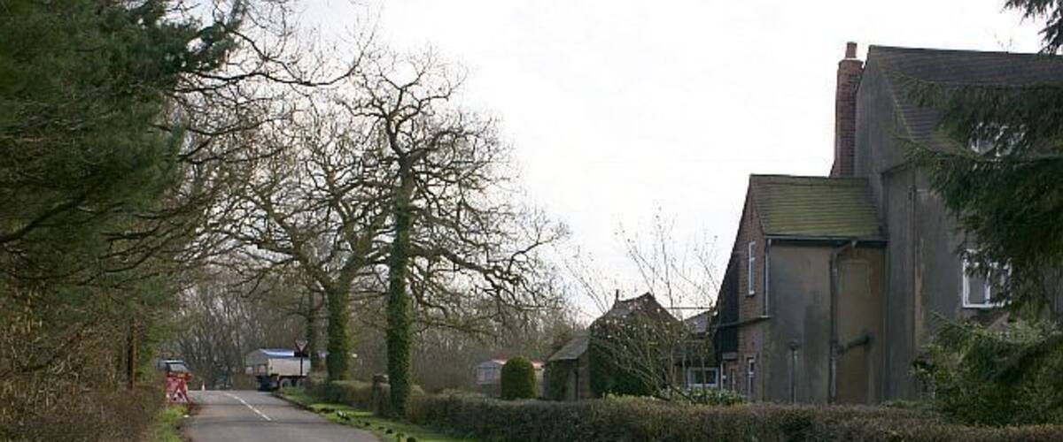 A narrow rural road flanked by trees and hedges, leading to a building with a sloped roof.