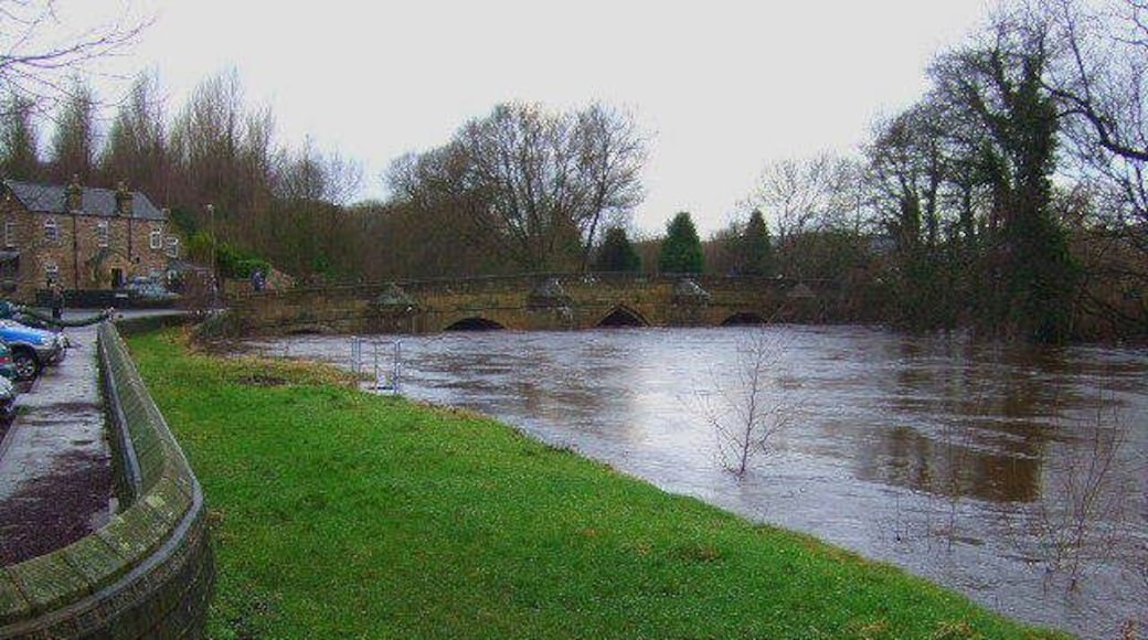 River Derwent The river in flood,if the water rises much higher,Darley Bridge will be flooded.