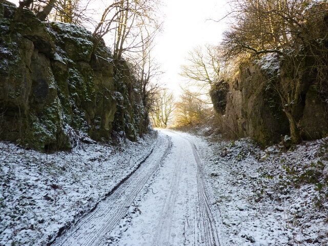 Una carretera rural cubierta de nieve, flanqueada por riscos y árboles sin hojas.