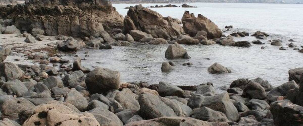 A rocky shoreline with large boulders and calm water.