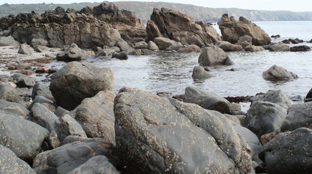 Rocky foreshore north of Polbream Point Seen on a low spring tide on a bright Autumn day.