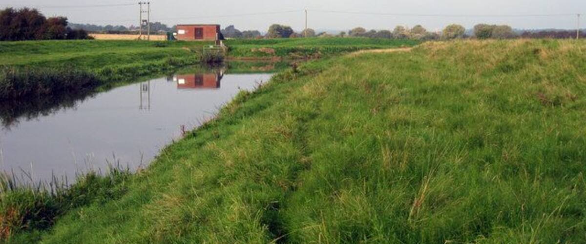 A rural landscape with a small red building, a pond, and a grassy field.