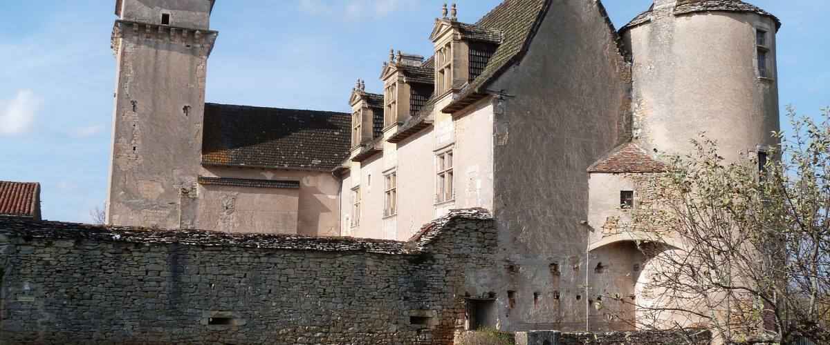 A historic castle with stone walls, a tower, and a large turret.