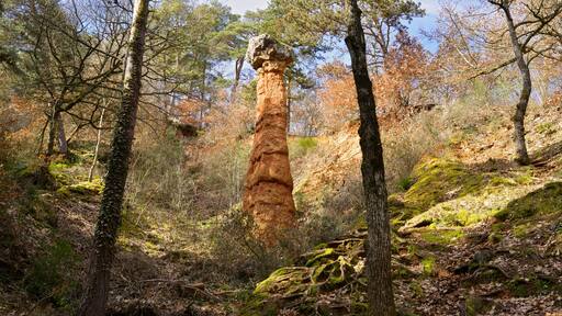 La cheminée des fées dans la forêt à Cotteuges (63320 Saint-Diery), département du Puy-de-Dôme en région Auvergne-Rhône-Alpes, France