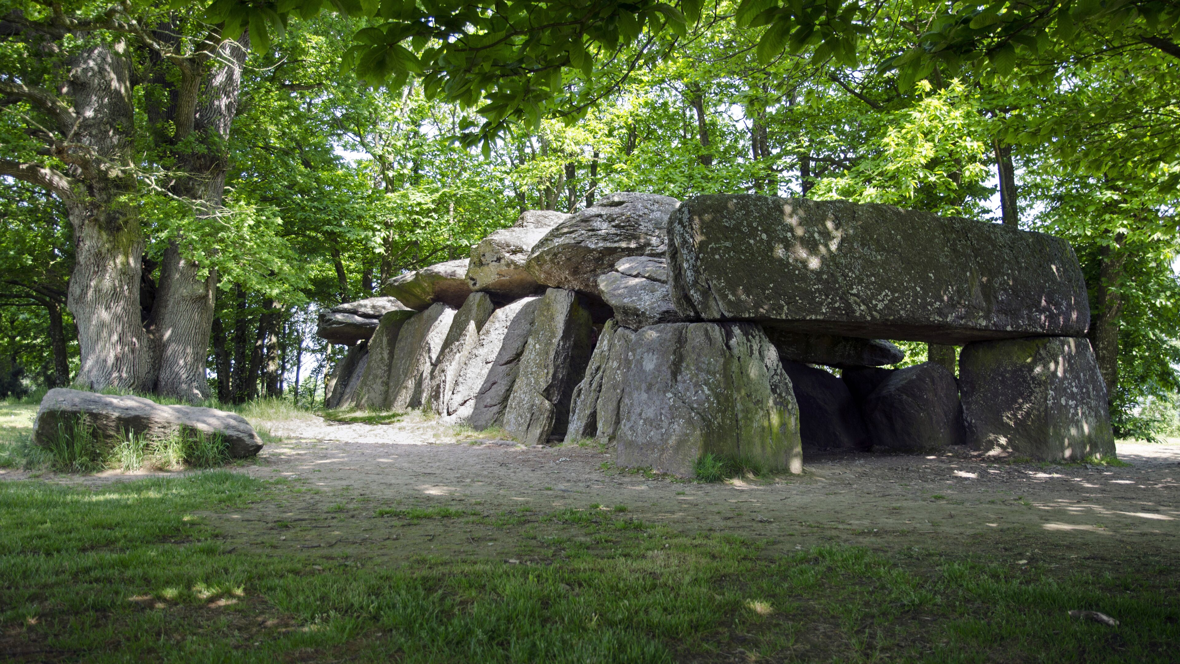 A stone structure in a forested area with large rocks stacked to form a shelter.