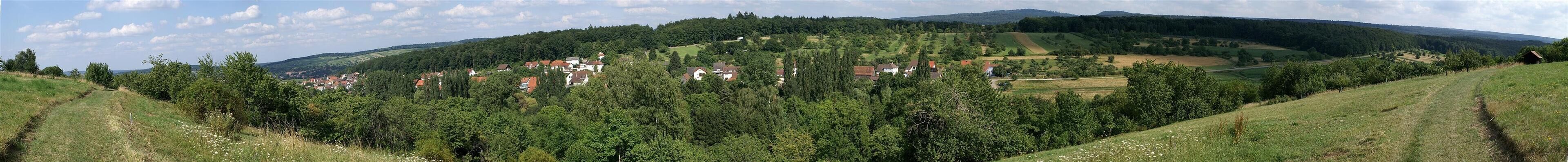 A rural landscape with rolling hills, scattered houses, and dense forests.