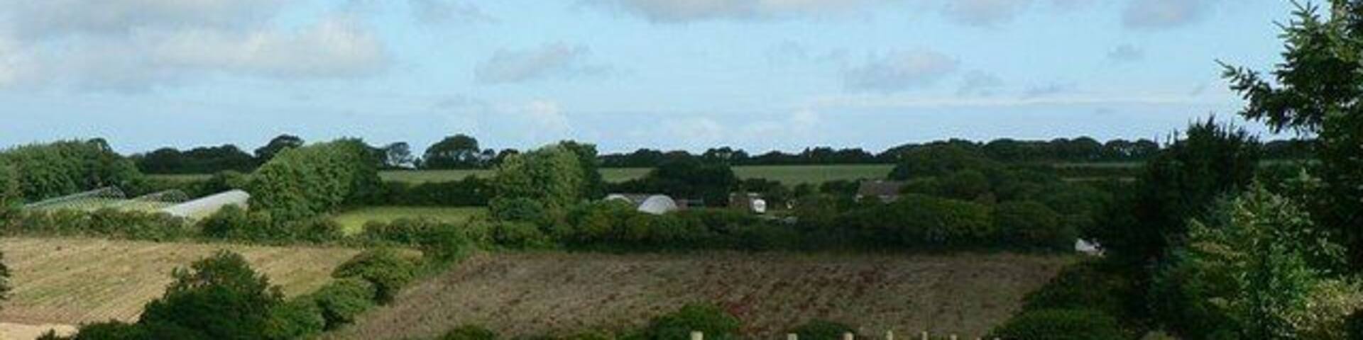 Lane to Kirthen Wood Farm. Looking north across the valley towards the Nursery at SW579331