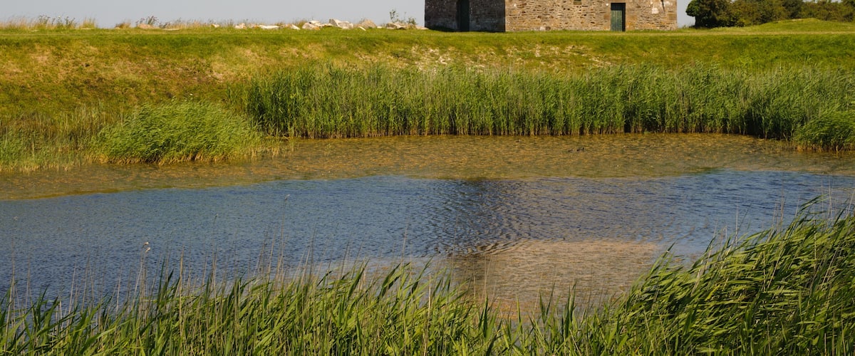 A stone house with a steep roof, surrounded by a grassy field and a calm pond.
