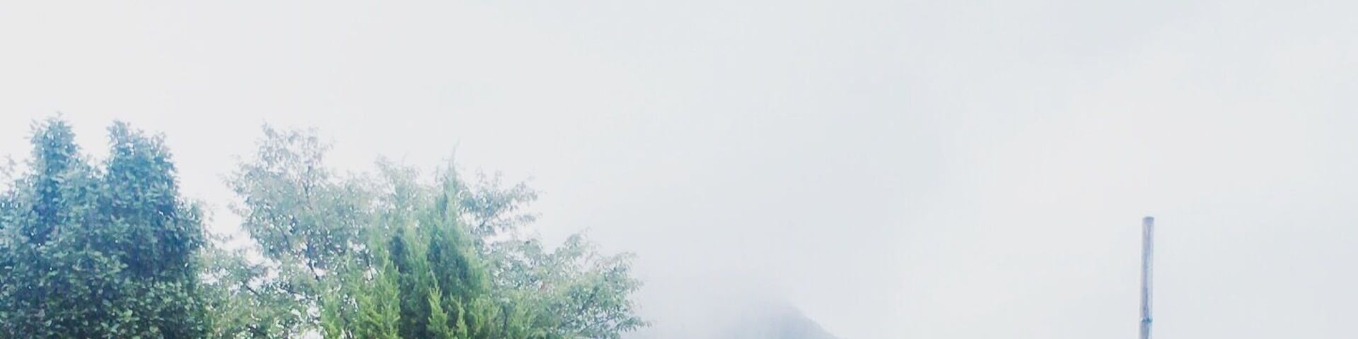 A rural road with a small bridge, dense greenery, and a mountain in the background.