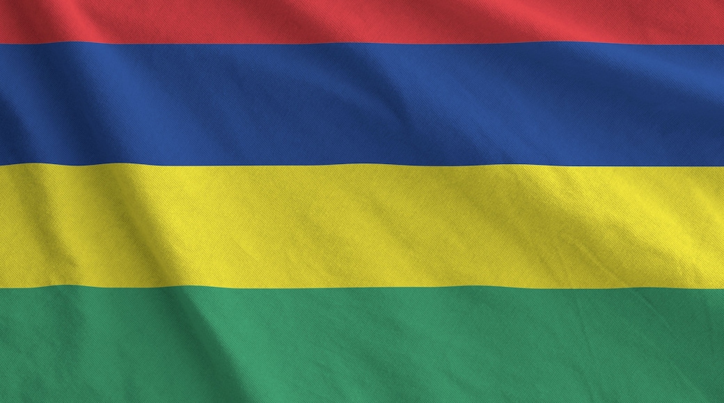 Mauritius flag depicted on folded wavy fabric of old cloth close up