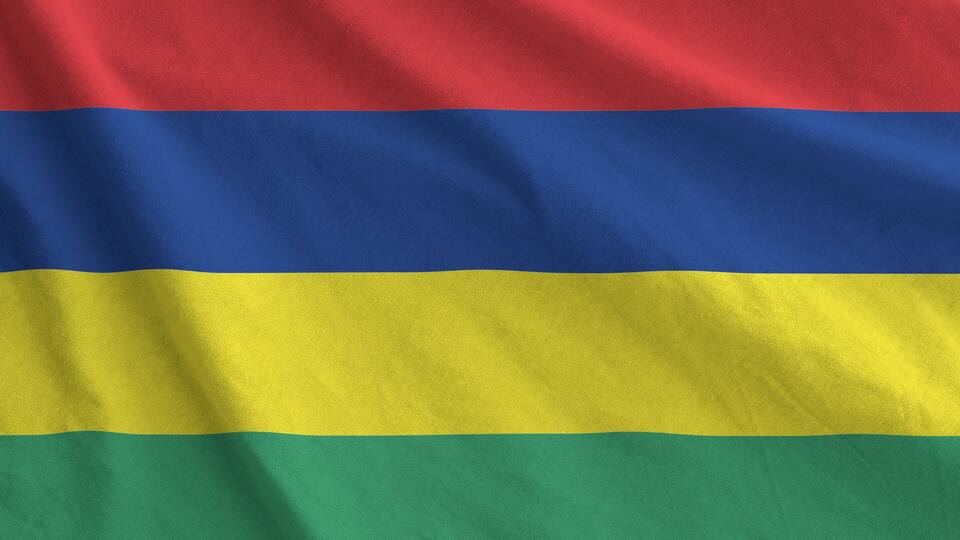 A flag with horizontal stripes of red, blue, yellow, and green.