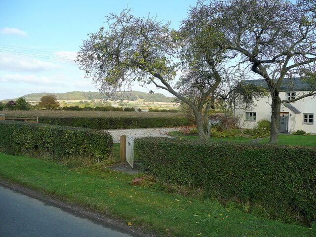 Cottage at Alderton Fields In the distance, glowing in October sunshine, is Alderton Hill.
