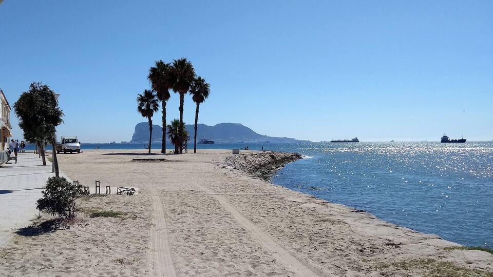 A sandy beach with palm trees, a rocky shoreline, and a clear blue sky.