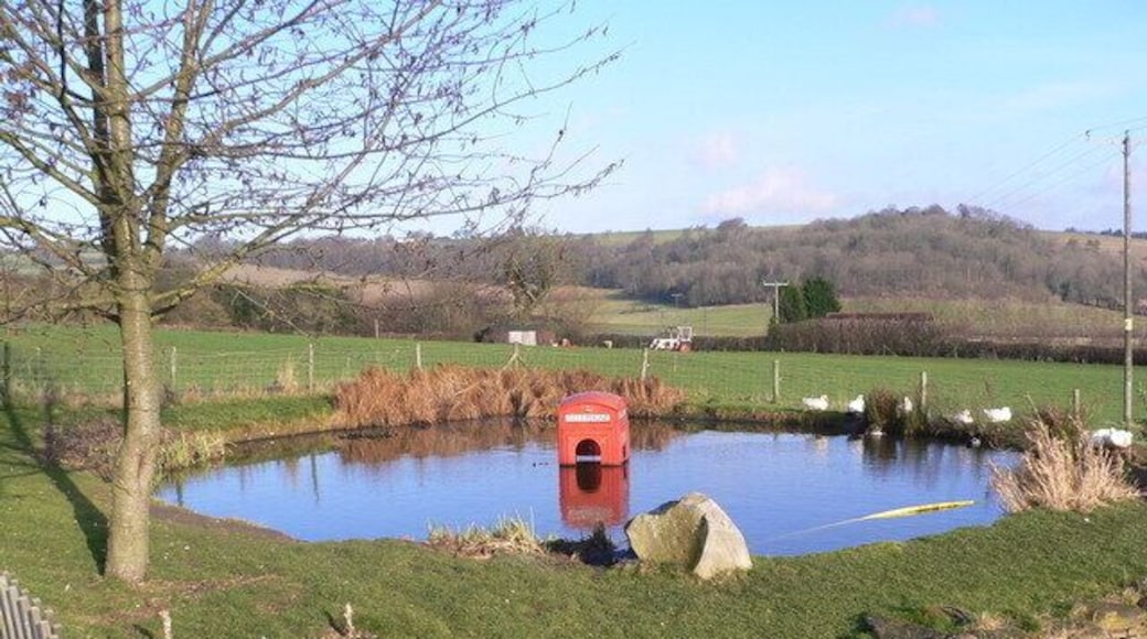 Phonebox in pub garden. Here's a shot of a rather interesting phone box in the heart of the Chilterns. The pond is in the back garden of the Three Horseshoes pub at Bennett End. At night the box is often lit (with its original internal lights). The surrounding countryside is very popular with Red Kite spotters.