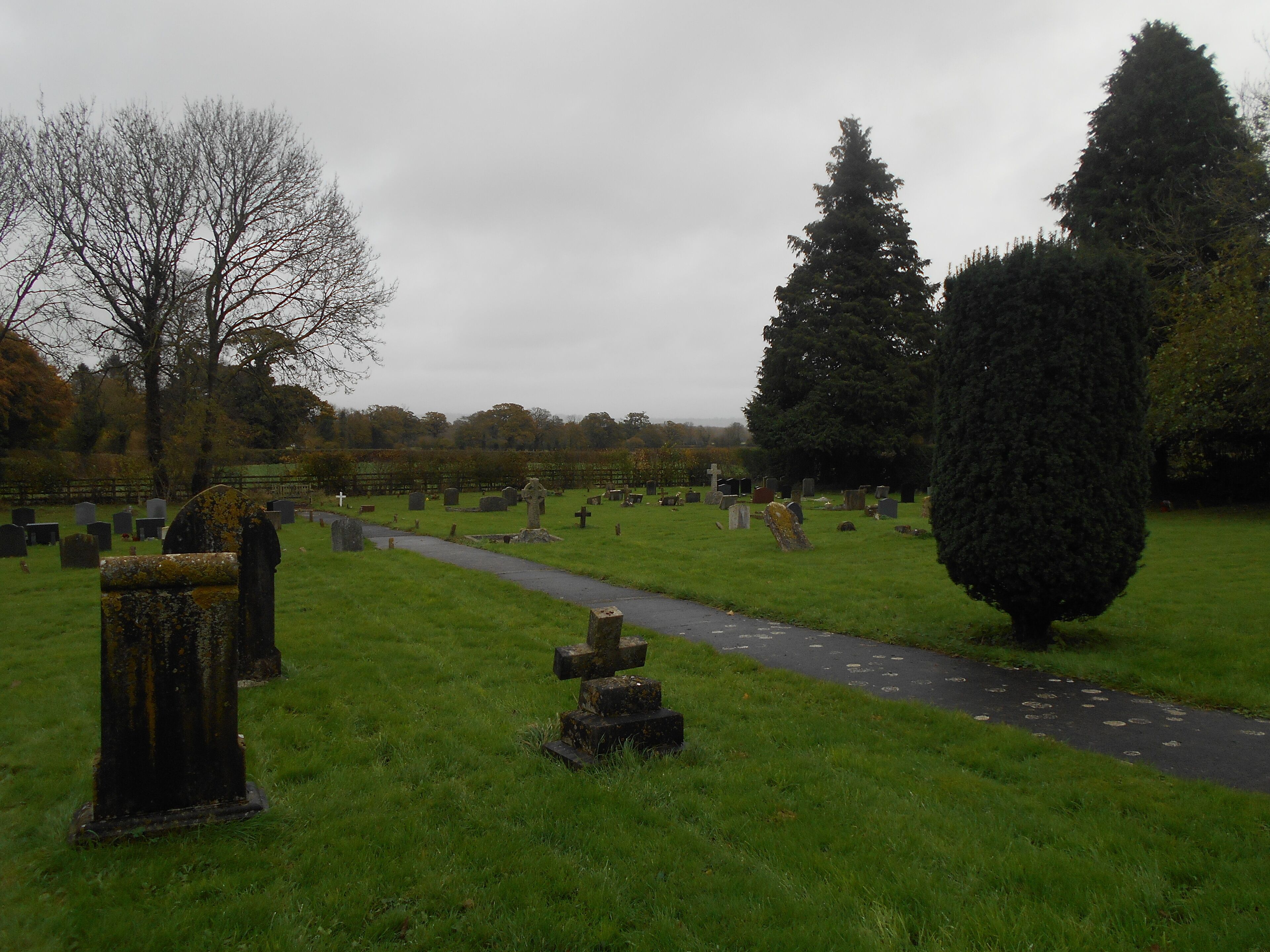 A cemetery with numerous headstones and a pathway.