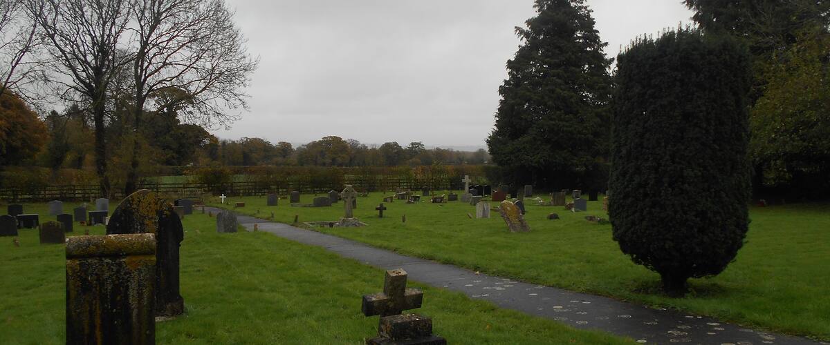 A cemetery with numerous headstones and a pathway.