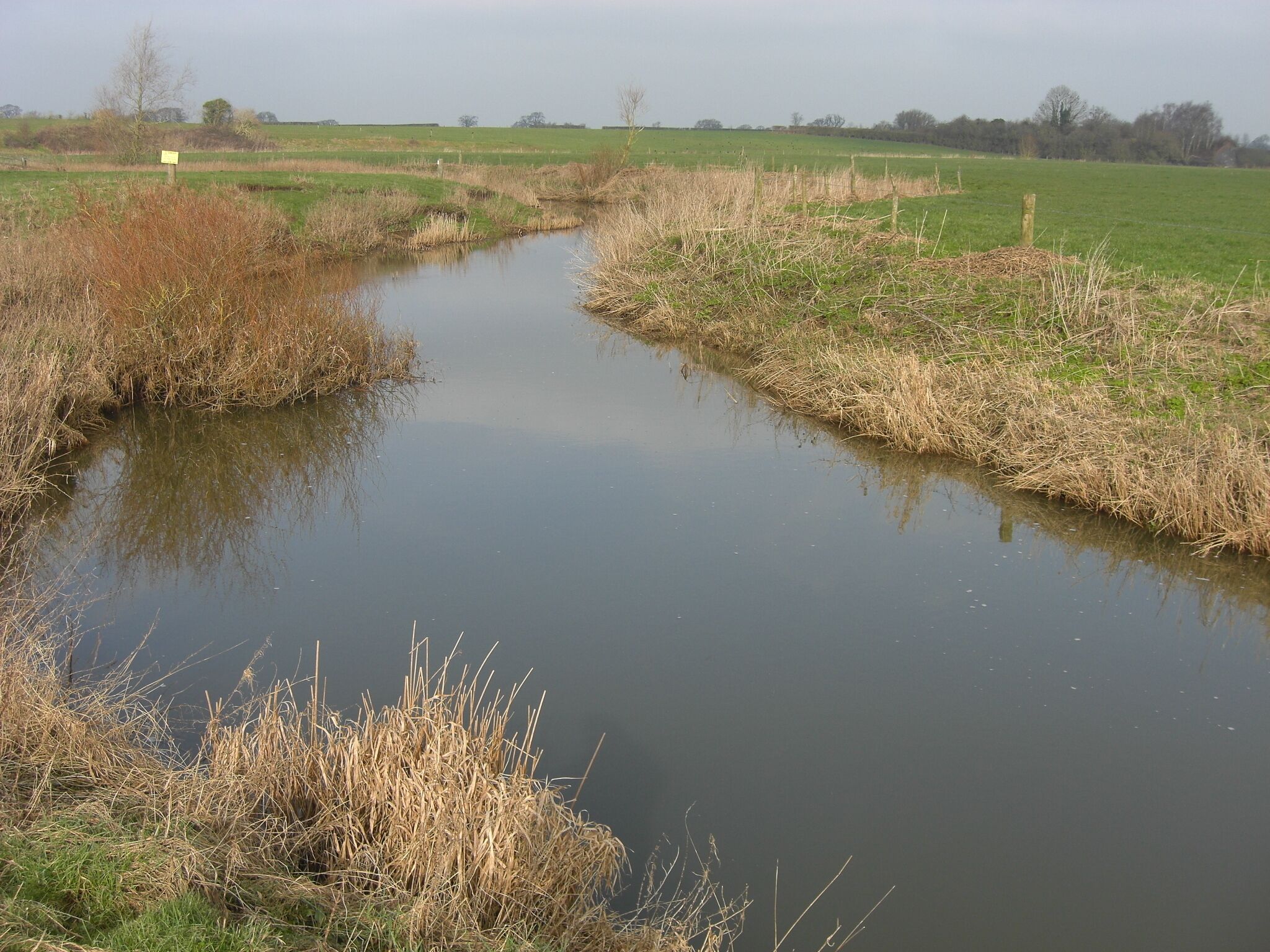 A narrow water channel with dry grass on both sides, surrounded by open fields and distant trees.