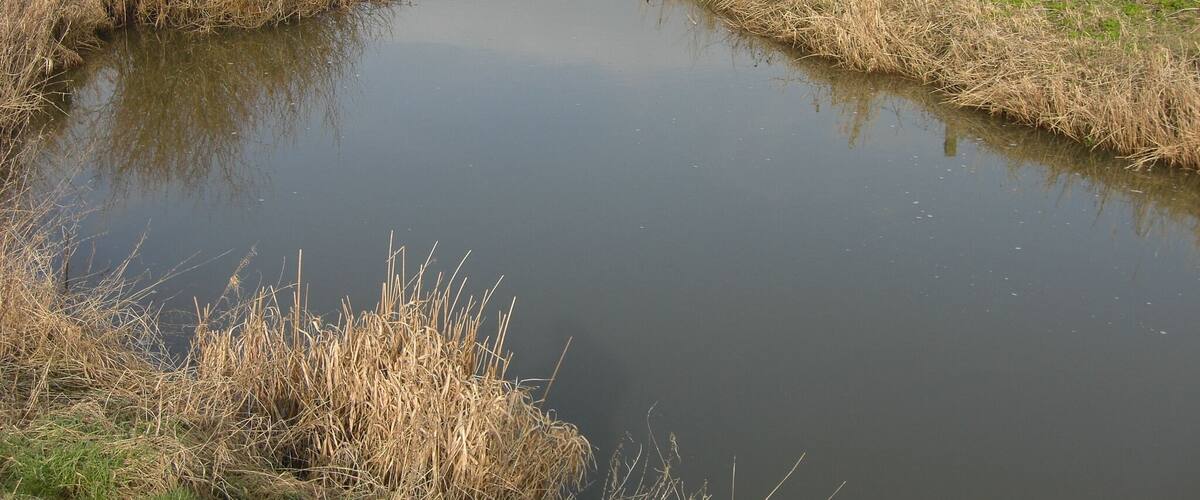 A narrow water channel with dry grass on both sides, surrounded by open fields and distant trees.