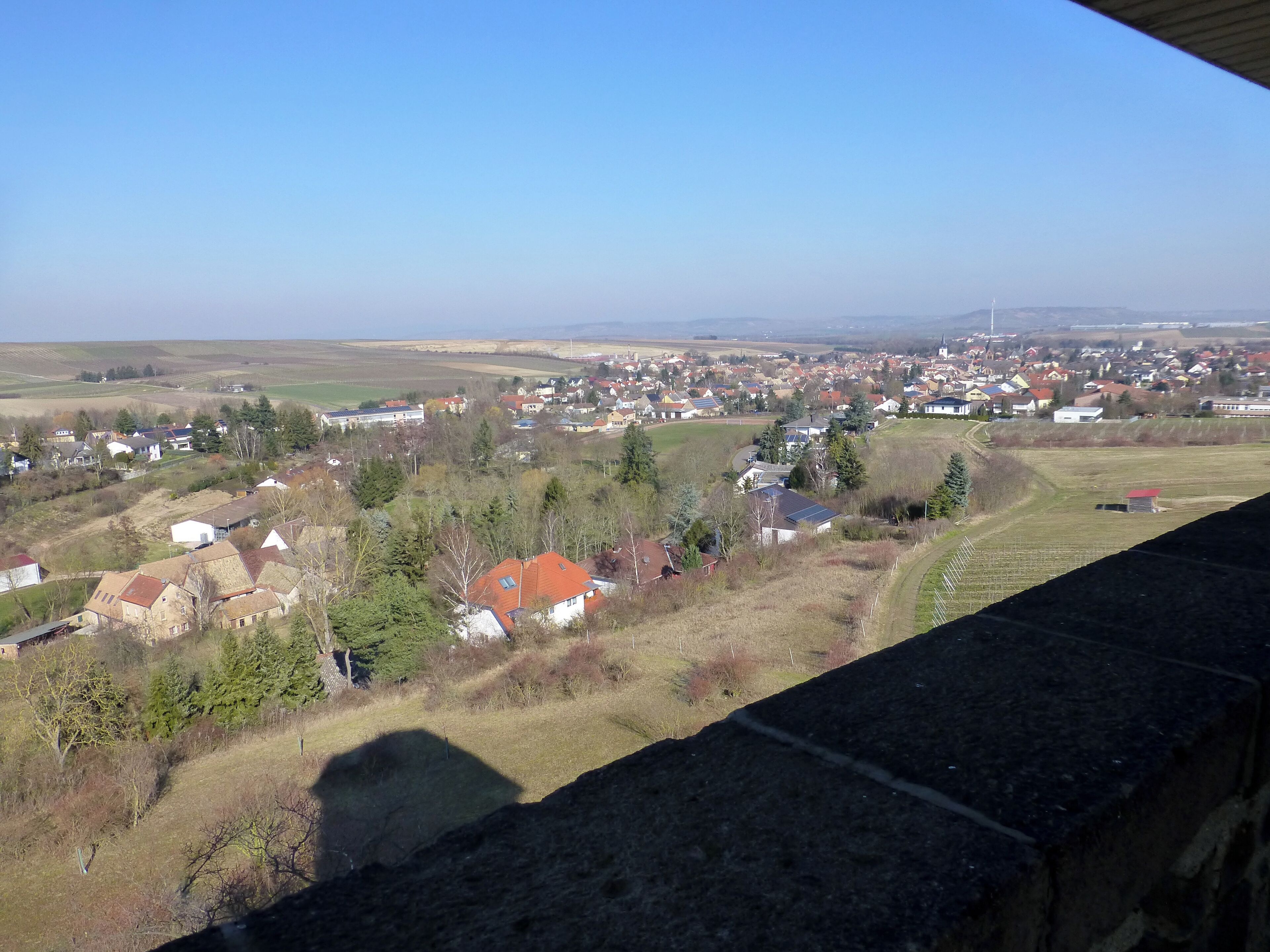 A rural landscape with houses, fields, and a church.