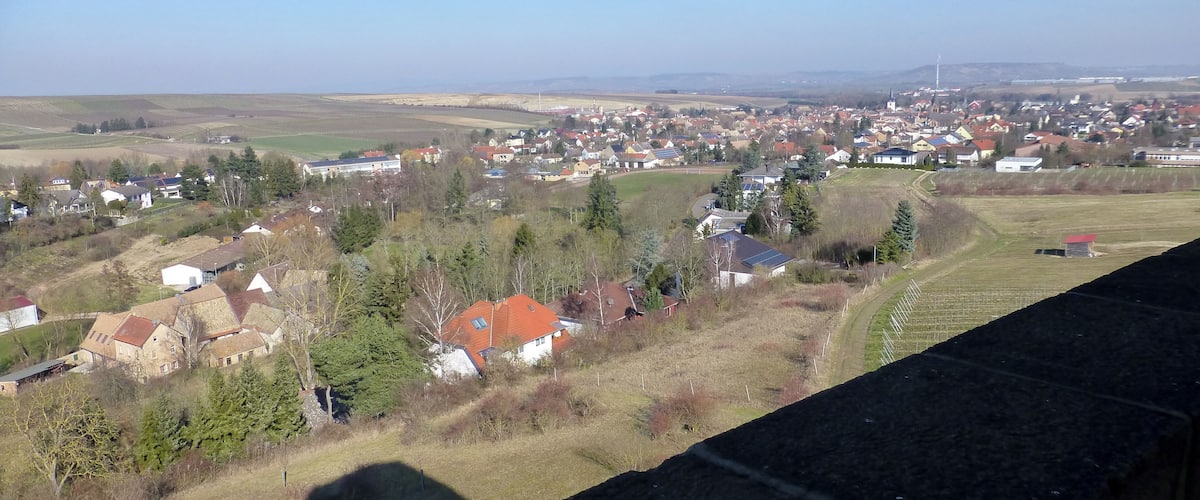 A rural landscape with houses, fields, and a church.