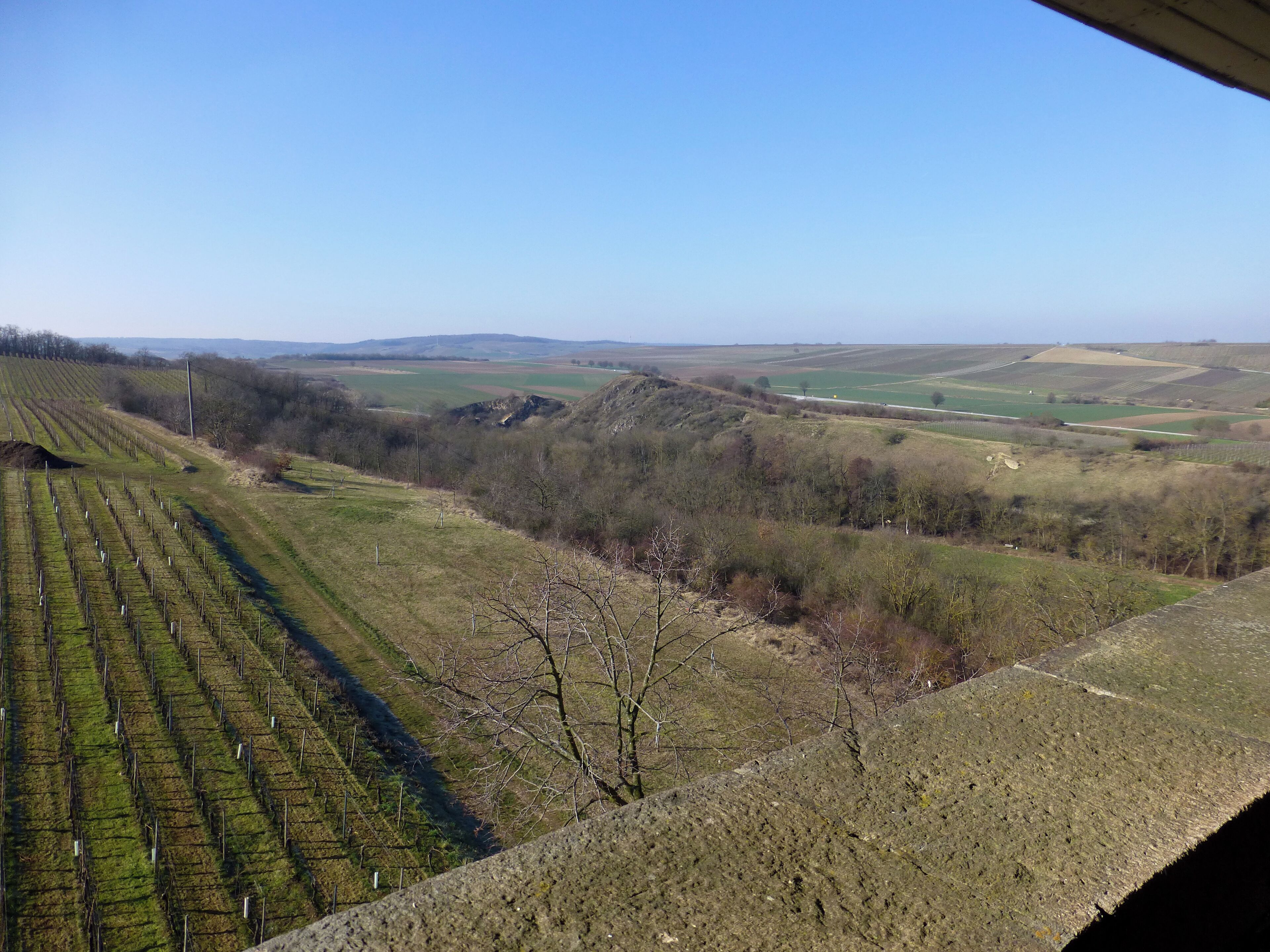 Wasserturm Wöllstein; Blick von der westseitigen Plattform zum Nahe-Bergland südlich von Bad Kreuznach