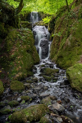 Long exposure Clampitt Falls waterfall at Canonteign Falls in Dartmoor