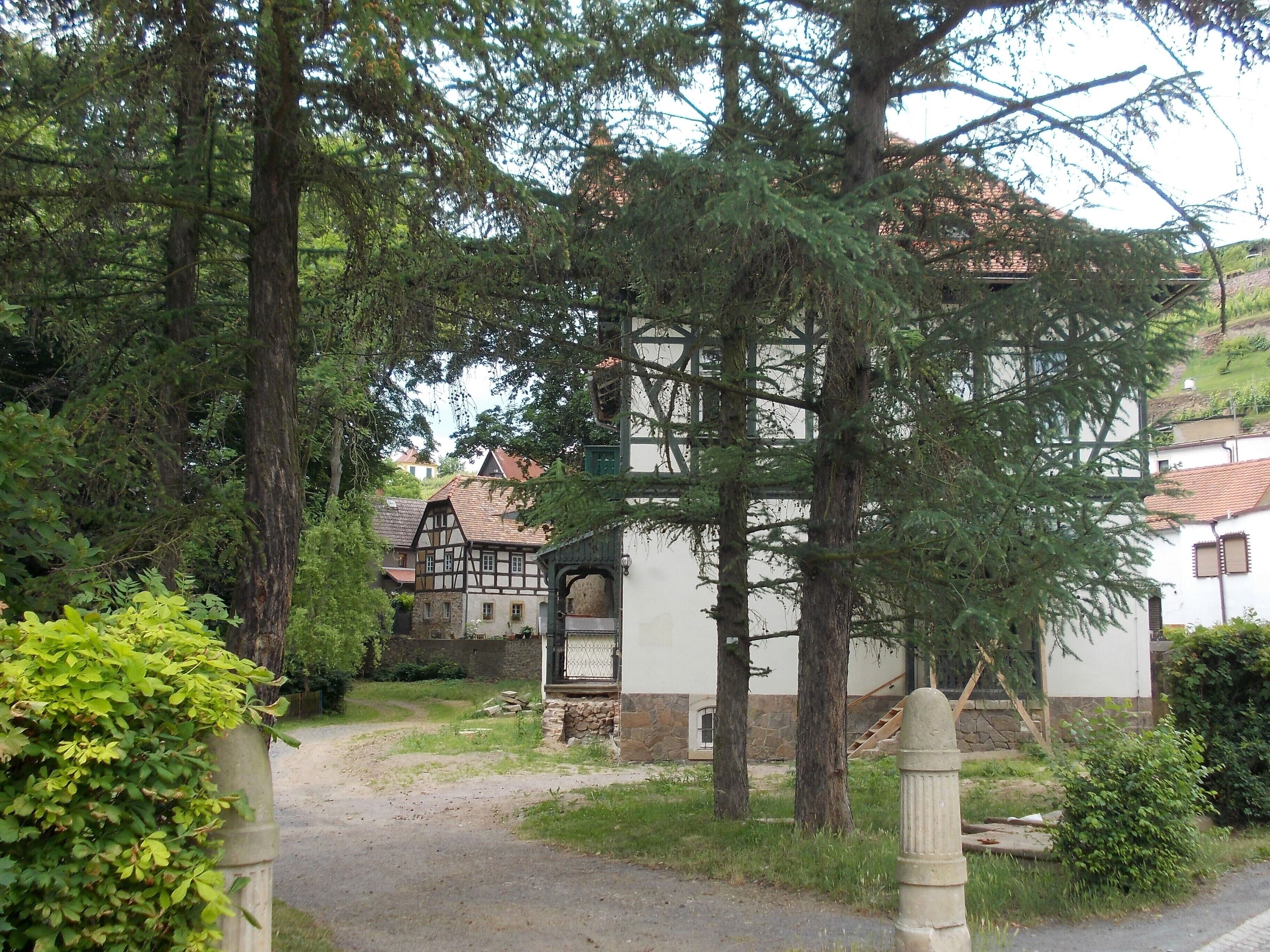 Houses near the entrance to the gardens of Seusslitz Castle (Nünchritz, Meissen district, Saxony)