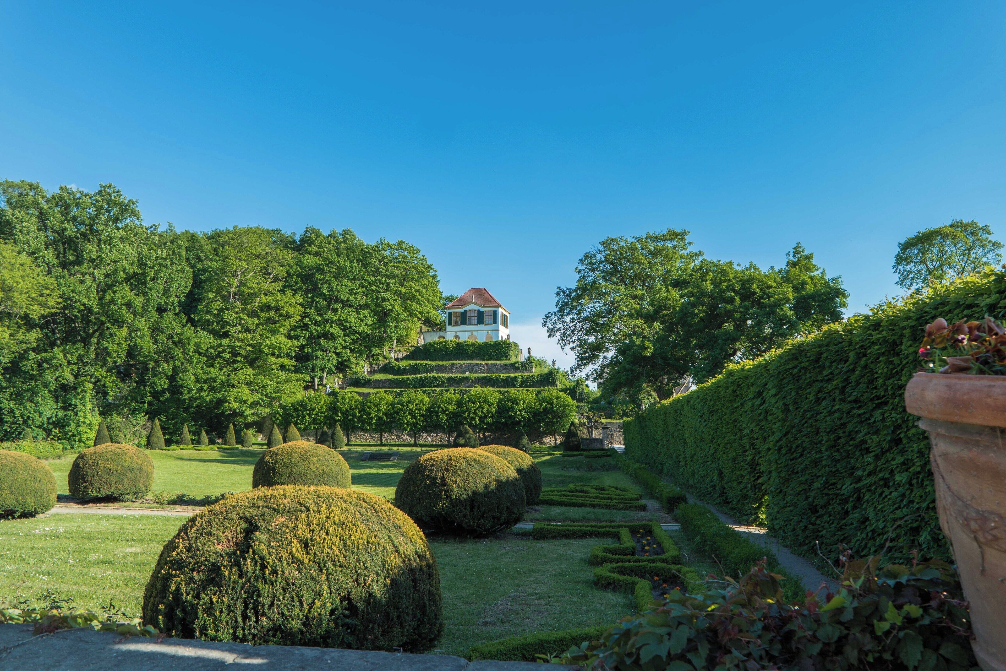 A landscaped garden with neatly trimmed hedges, spherical topiary, and a building with a red roof.