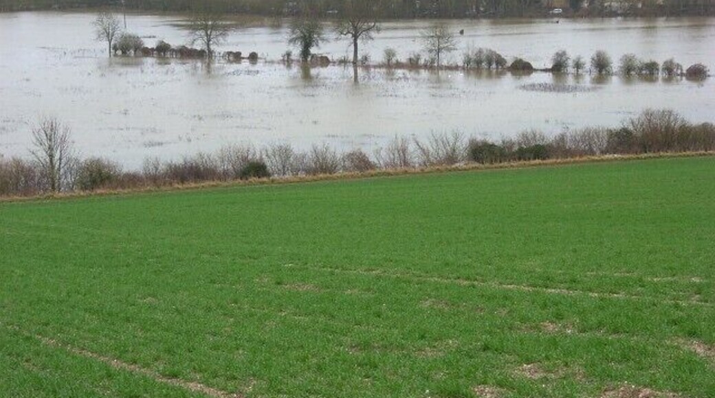 The Thames floodplain, Playhatch Flooded meadows alongside the Henley road which is behind the hedgerow in the foreground. This is the view across the arable farmland beside the footpath that climbs to Dunsden Green.