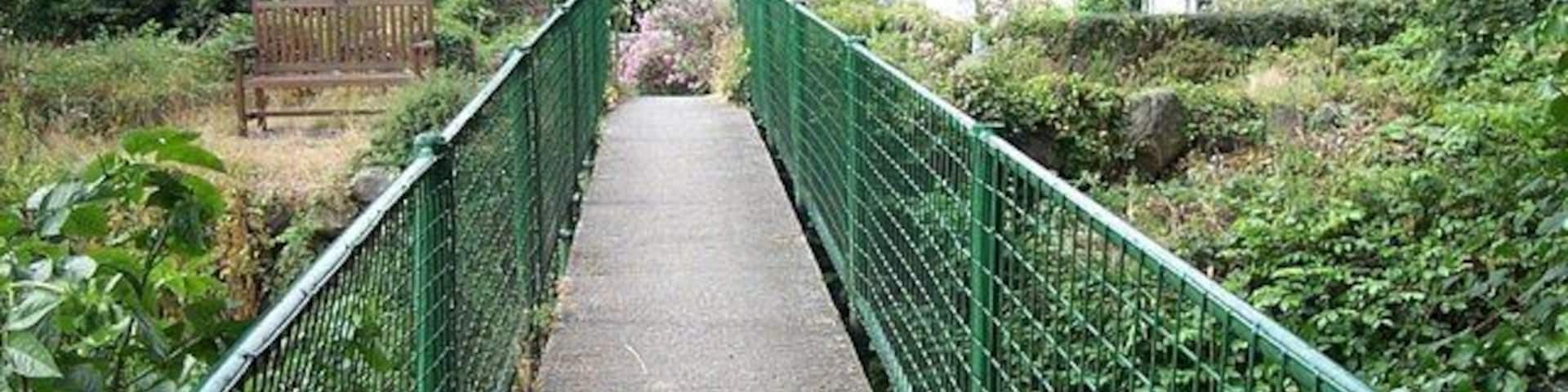 Footbridge across Afon Roe in Rowen. This footbridge spans the Afon Roe in Rowen at SH 75937 71942.