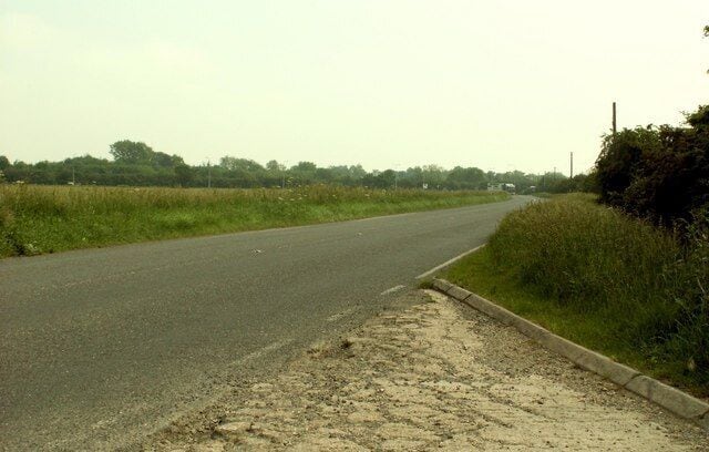 A rural road with grassy fields and a dirt shoulder.