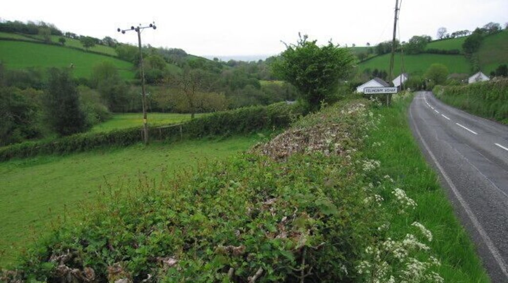 Felingwm Uchaf This shows the fields below the road just above the little village of Felingwmuchaf (two words on the roadsign).
