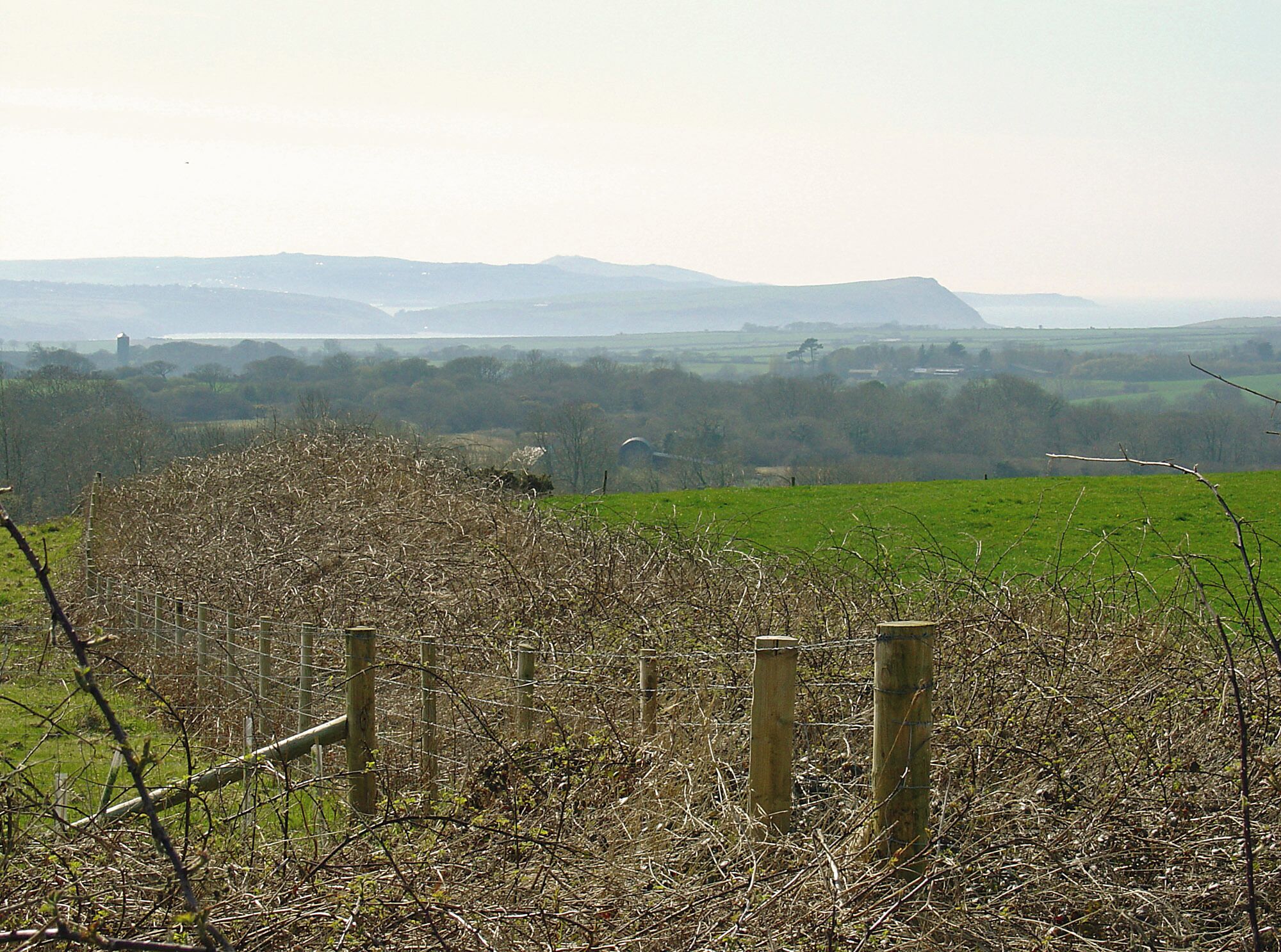 Fields near Nevern In the hazy distance is Dinas Head, and beyond it, Strumble Head.