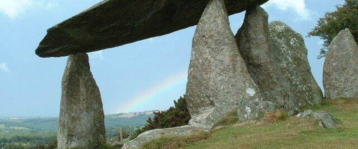 Pentre Ifan plus Rainbow. Ancient Burial Chamber at NW of square.