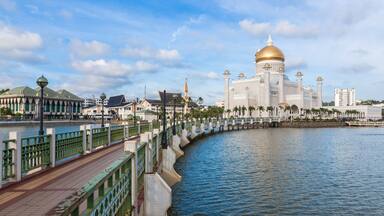 A waterfront promenade with a mosque featuring a golden dome, palm trees, and a bridge with green railings.