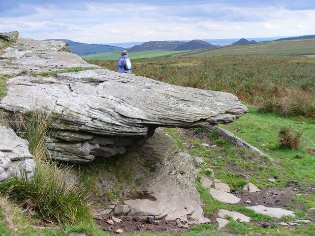 Tor on Mynydd Eglwysilan. The exposed rocks just south of the summit show horizontal rock layers, jointing is opened by freeze-thaw action. Note the coal bings in the distance, and beyond these is England, across the Severn Estuary.