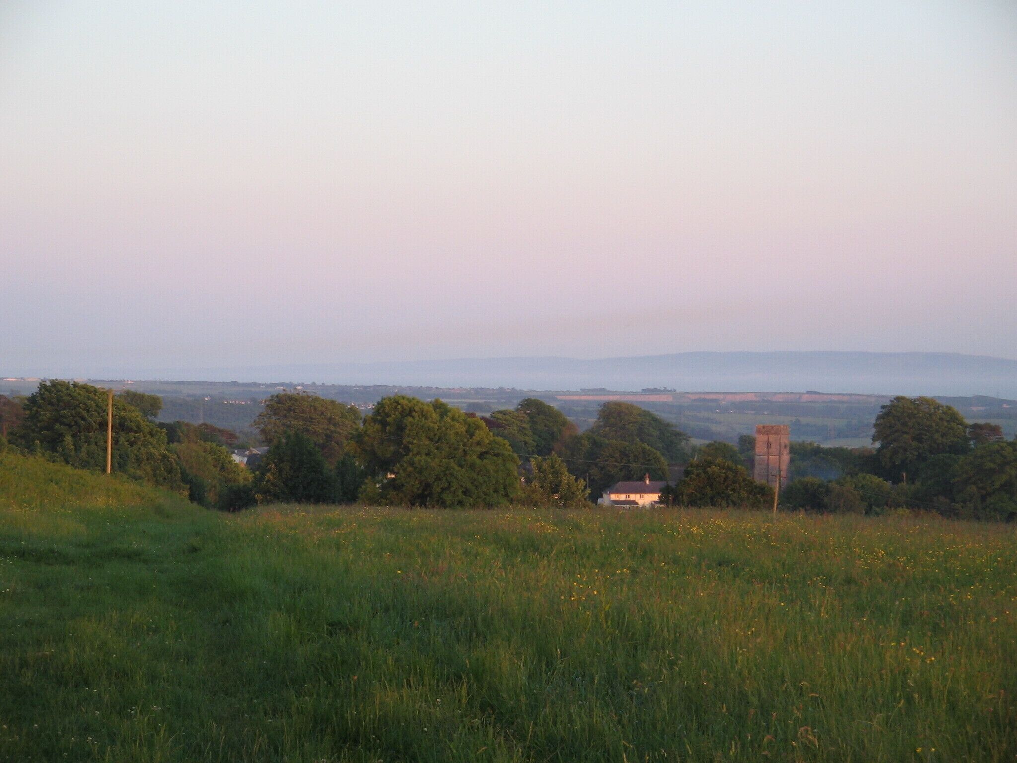 A grassy field with trees and a distant view of a town and mountains.