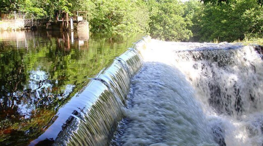Weir at Dolanog. On the River Vyrnwy. The water cascades down two sides of a triangular rock just downstream of the weir. The structure at the far side of the weir is part of the hydroelectricity scheme 509994.