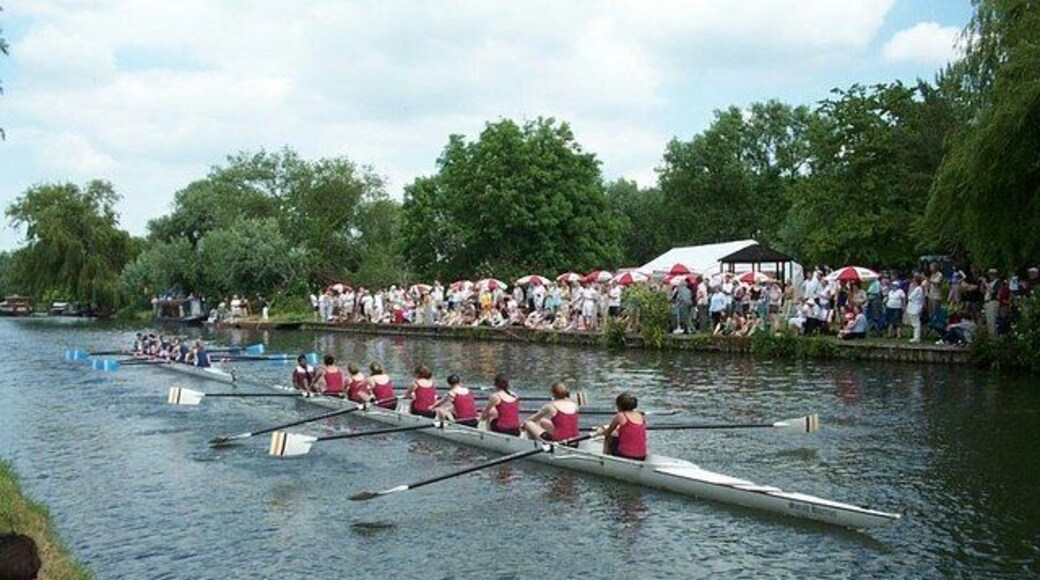 Cambridge - May Bumps Yes - they are held in June - the boats start equally spaced down the river. When the bow of one nudges the stern of one in front, the front boat has been "bumped" and the two boats exchange places in the following heat.